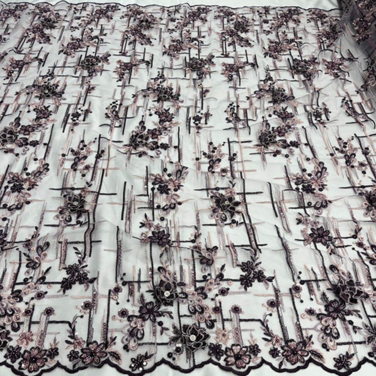 1 Yard Beaded Rhinestone 3D Floral Lace Fabric Embroidered 100 Percent Polyester Net Mesh 50 inch Width